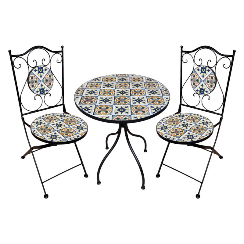 SET TAVOLO MOSAICO DA ESTERNO 'FIOCCO' Ø cm 60 x h.75 (tavolo) - cm 38 x 46-92 (sedie)
